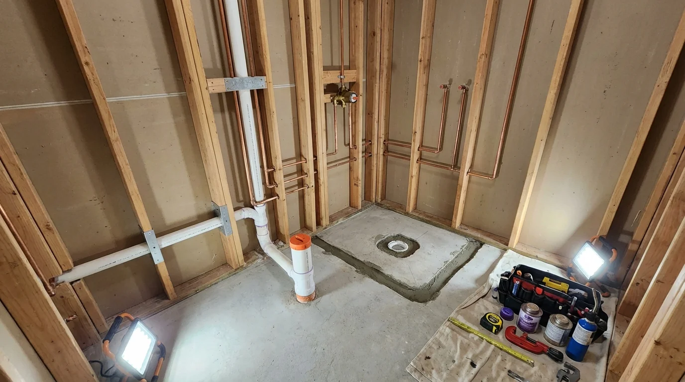 Bathroom rough-in plumbing during remodel by Johns Plumbing LLC in Saint David