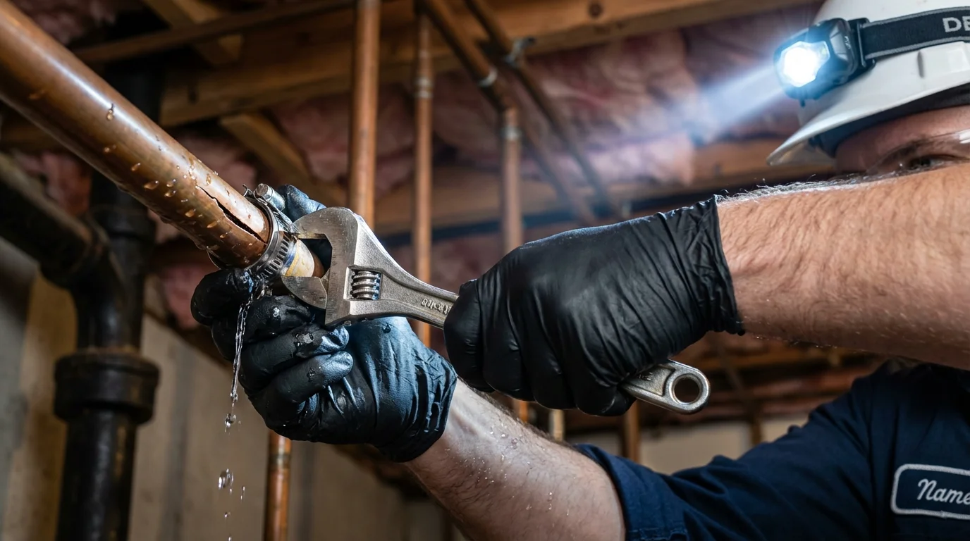 Emergency pipe clamp repair being performed by a Johns Plumbing LLC plumber in Saint David
