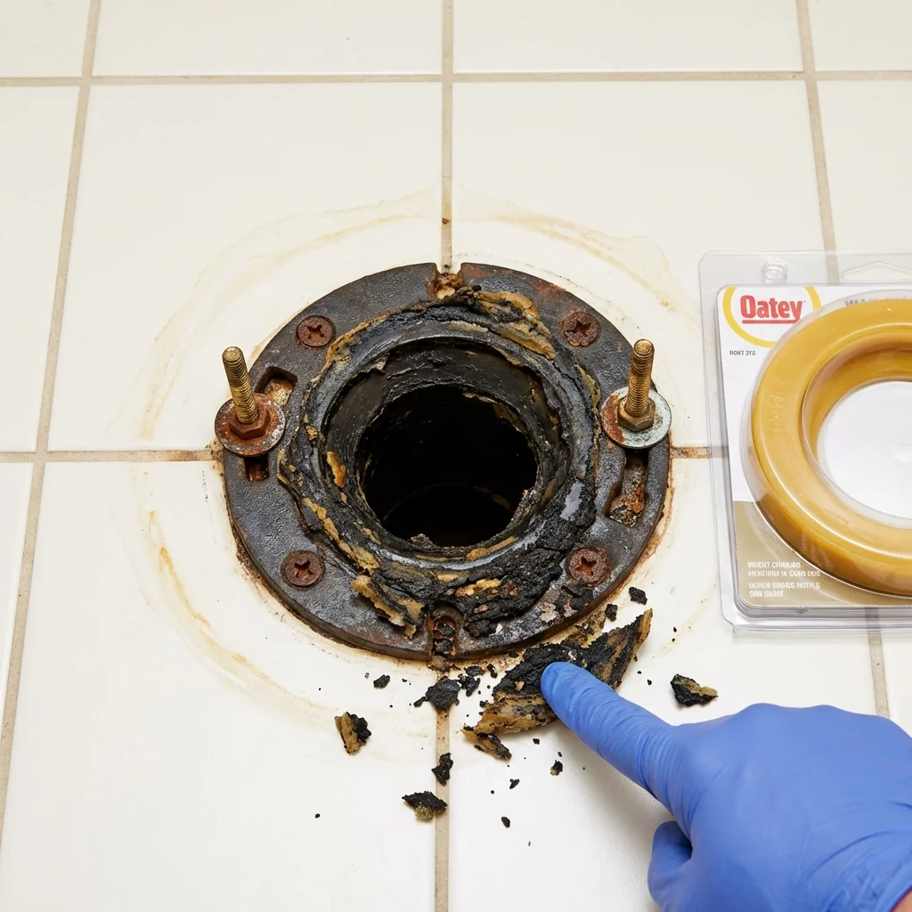 Failed wax ring showing water seepage at the base of a toilet in a Saint David, AZ home