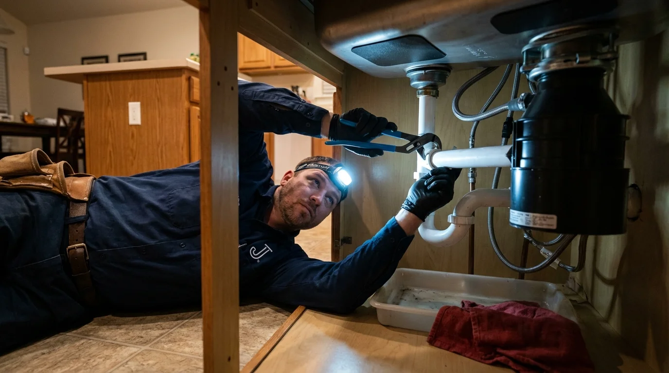 P-trap and supply line connections under a kitchen sink showing a common leak point in Saint David, AZ